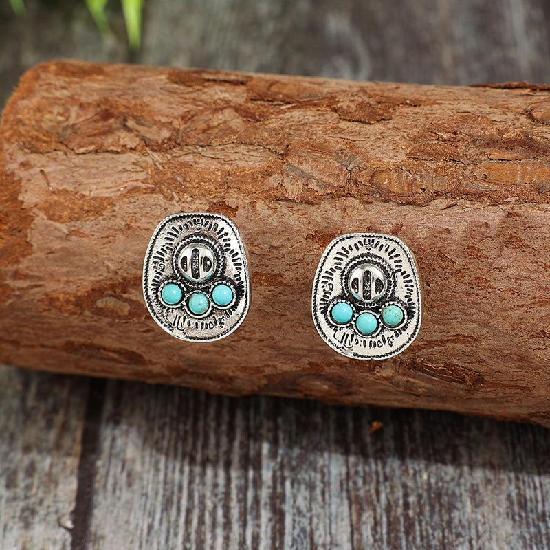 Wholesale Vintage Bohemian Alloy Distressed Totem Earrings Geometric Turquoise Jewelry Accessory