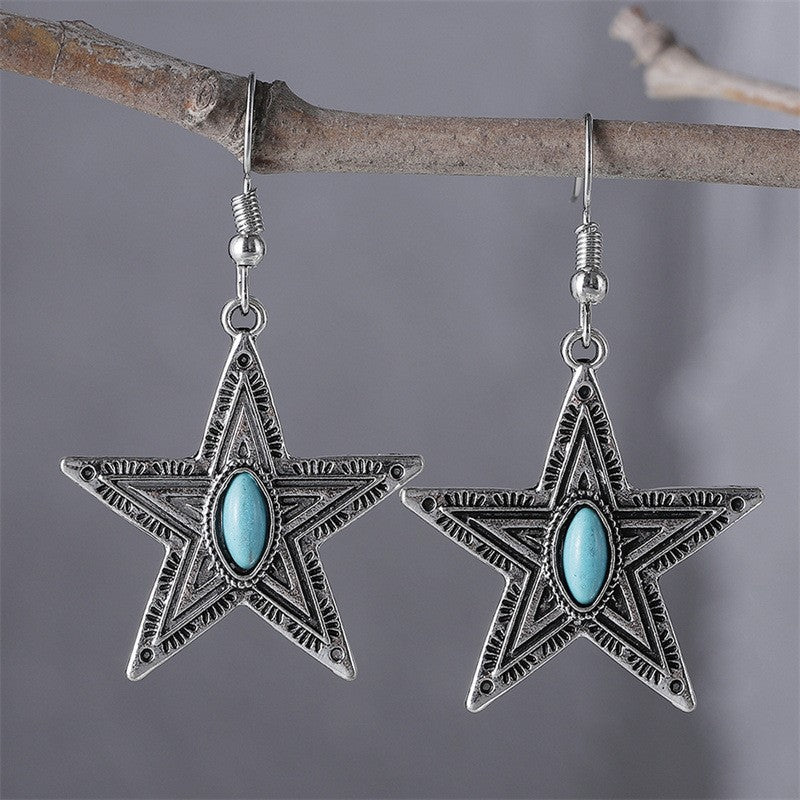 Wholesale  retro creative five-pointed star turquoise earrings