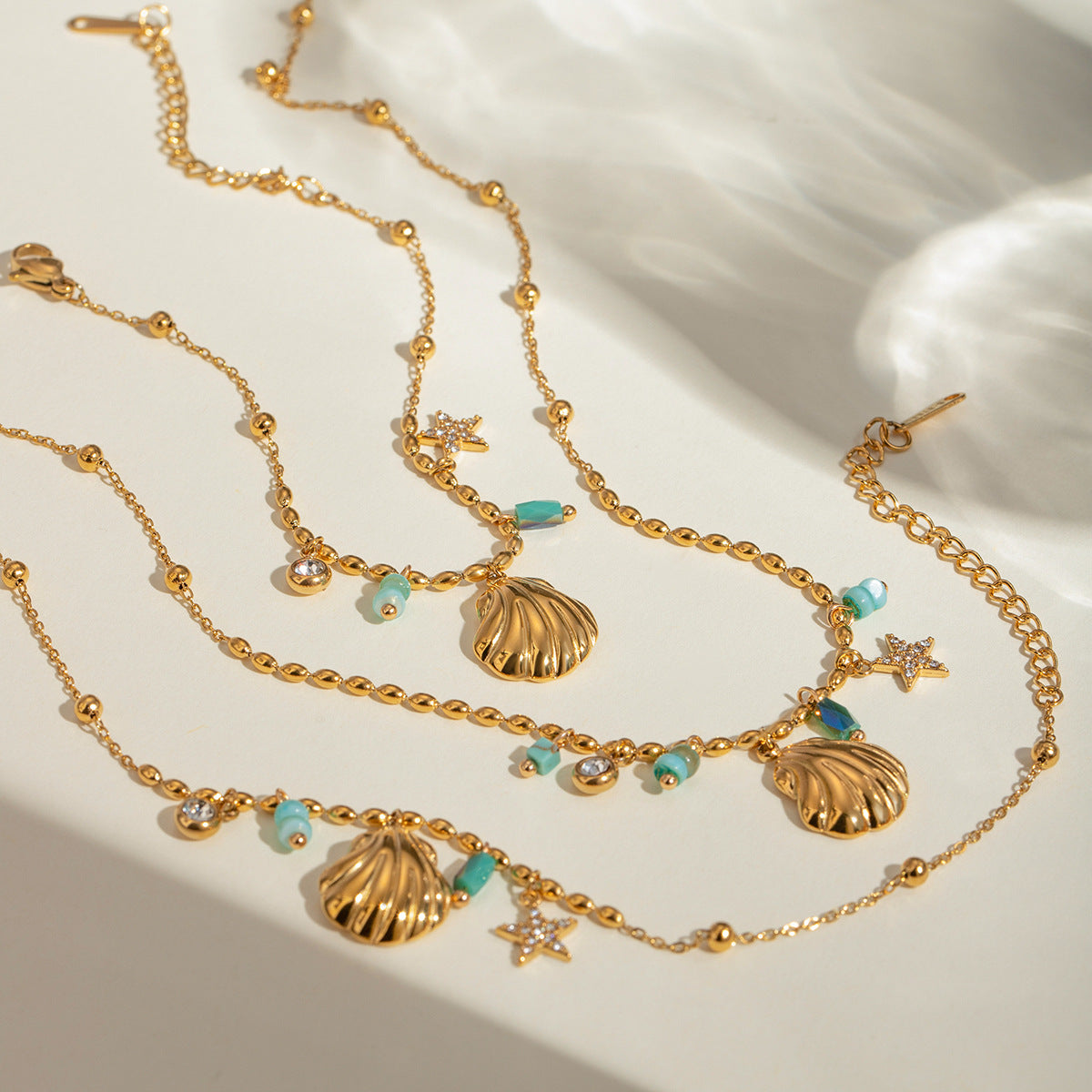 Wholesale 18k Gold Stainless Steel Shell Star Inlaid Rhinestone Necklace ACC-NE-WanXing003