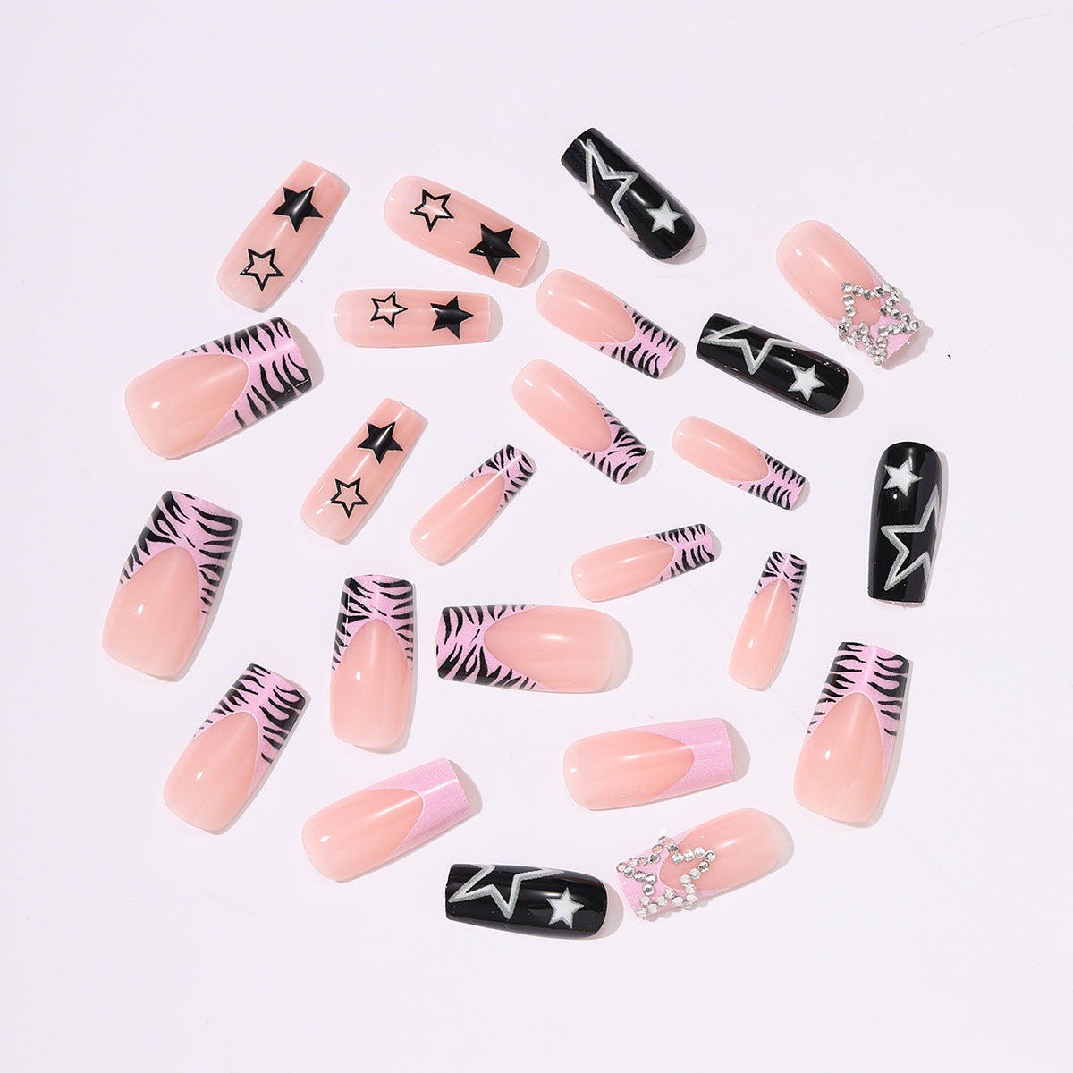Wholesale 24 Pieces/  box Star Zebra Pattern Y2K Nails Kits Nail Stickers