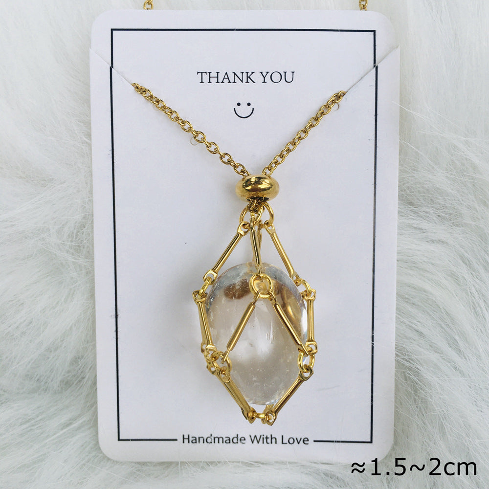 Wholesale 18K Gold Natural Crystal Raw Stone Net Pocket Metal Bamboo Necklace Crystal Mesh Bag ACC-NE-RongGuan010