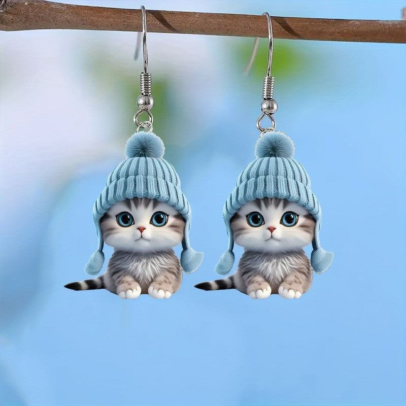 Wholesale Blue Sweatshirt Plush Kitten Acrylic Flat Earrings