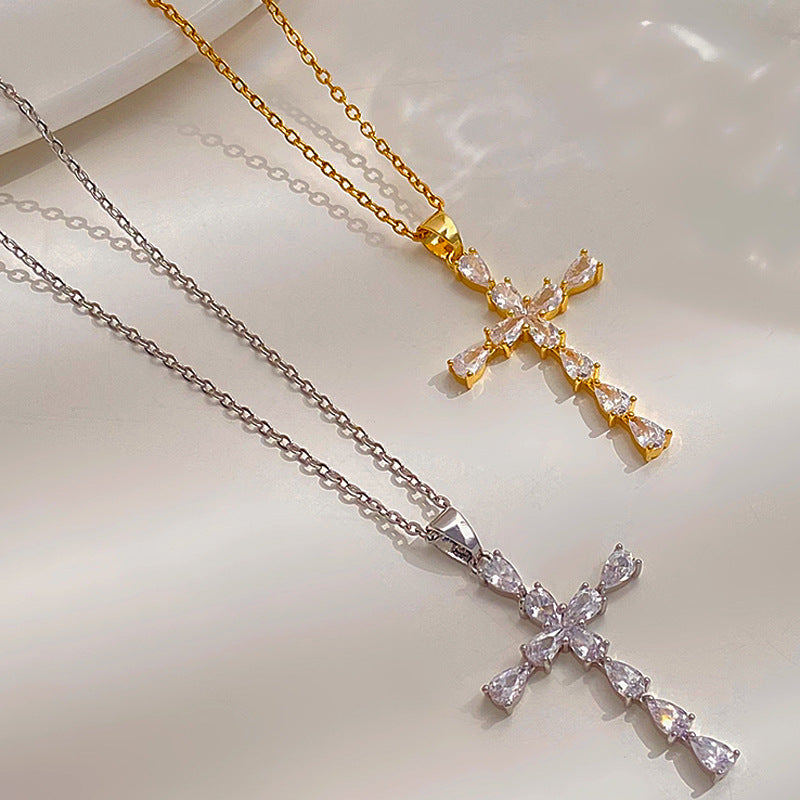 Wholesale Fashion Zircon Cross Pendant Necklace Minimalist Teardrop Collarbone Chain For Women Jewelry Accessory