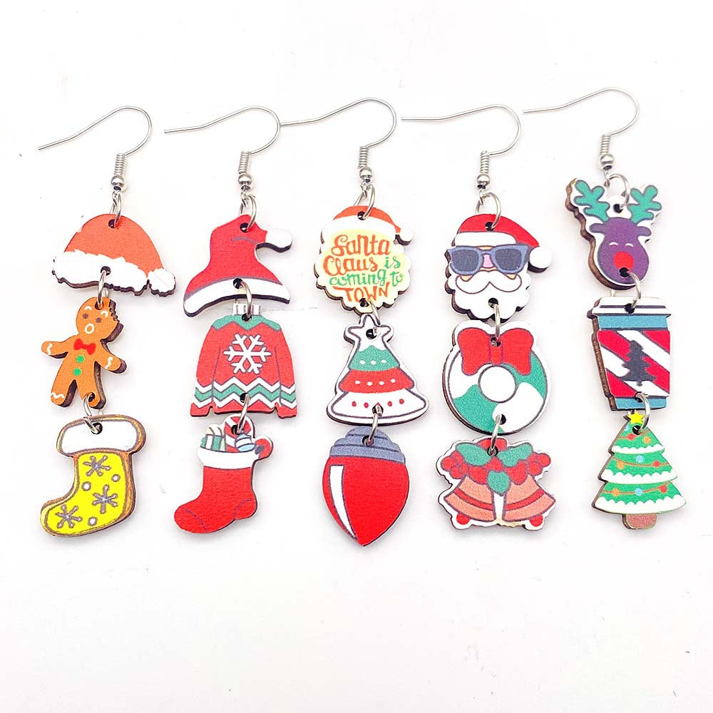 Wholesale Christmas Snowman Santa Claus Gift Wood Earrings ACC-ES-ChenY076