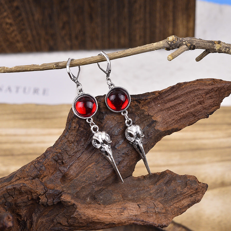 Wholesale Chic Gothic Crow Pendant Earrings Antique Silver Finish Ruby Red Accent  Fashion Jewelry Gift