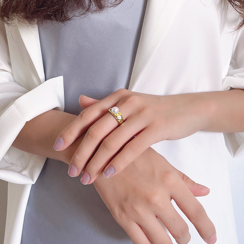 Wholesale  texture irregular concave surface S925 silver freshwater pearl ring