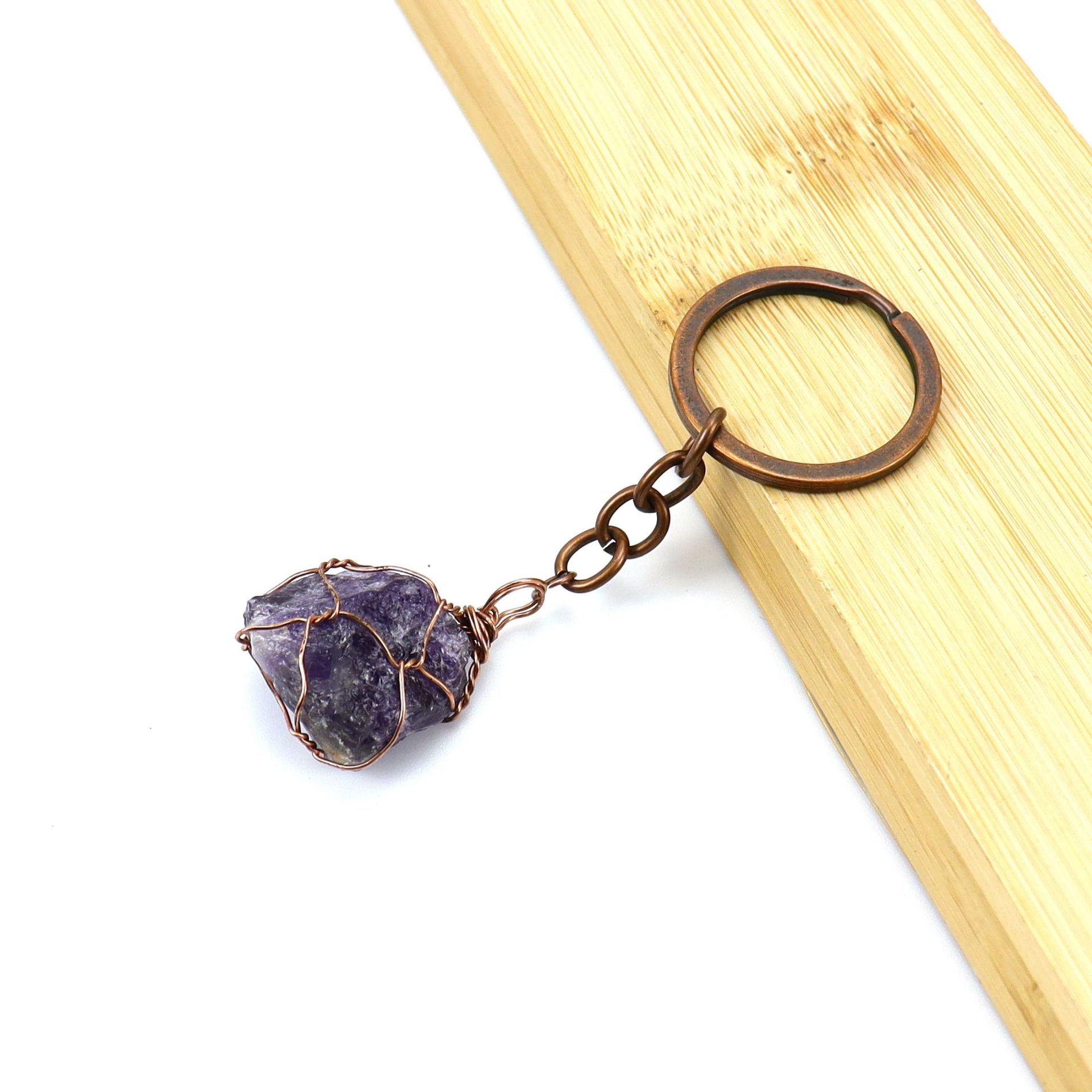 Wholesale Copper Wire Wound Natural Crystal Raw Stone Keychain ACC-KC-HanX007