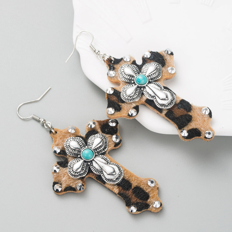 Wholesale Leopard Leather Cross Alloy Inlaid Turquoise Exaggerated Earrings