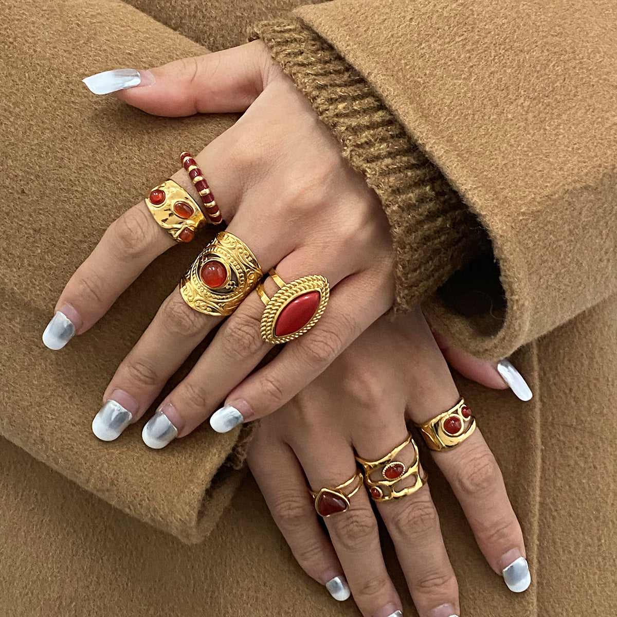 Wholesale 18k gold stainless steel red agate heart earrings rings necklace