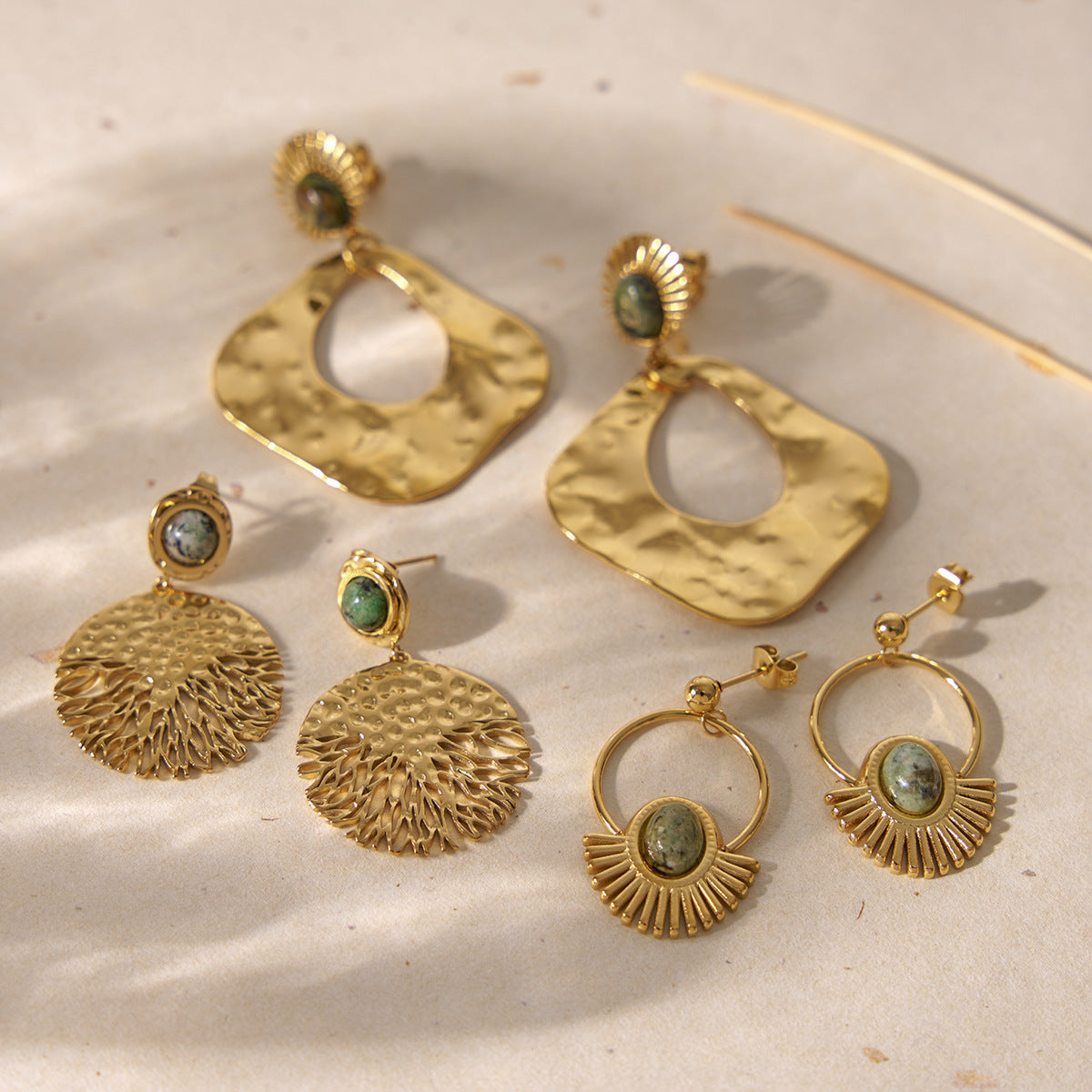 Wholesale Bohemian Retro Hammer Pattern Natural Stone Stainless Steel Earrings