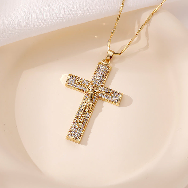 Wholesale Cross-Border Hot-Selling Fashionable Versatile Copper Inlaid Zircon Cross Pendant Necklace High-End Hip-Hop Portrait Necklace