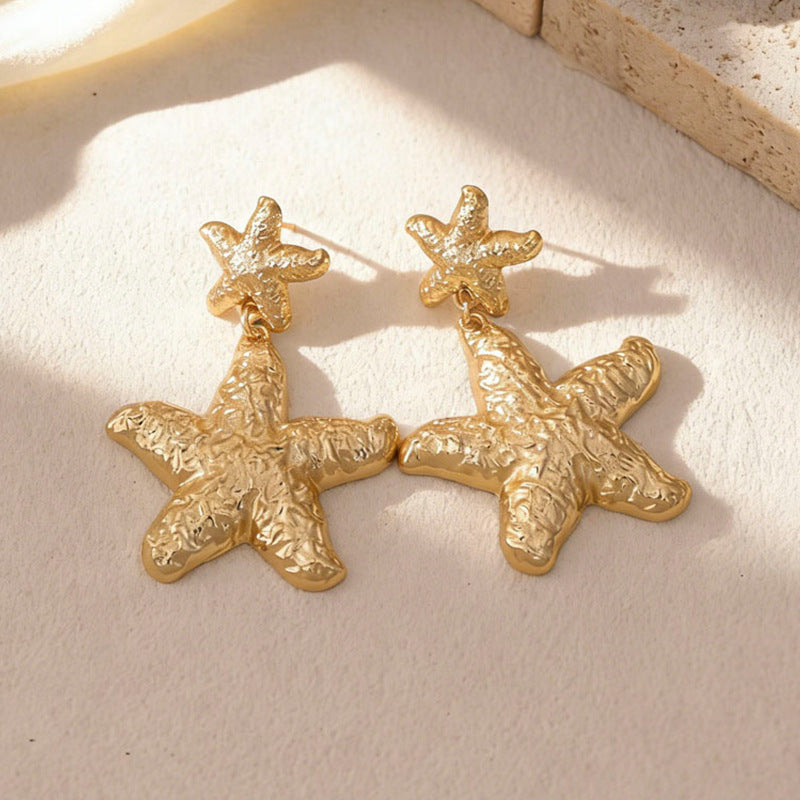 Wholesale Ocean-Inspired Textured Gold Conch and Starfish Stud Earrings