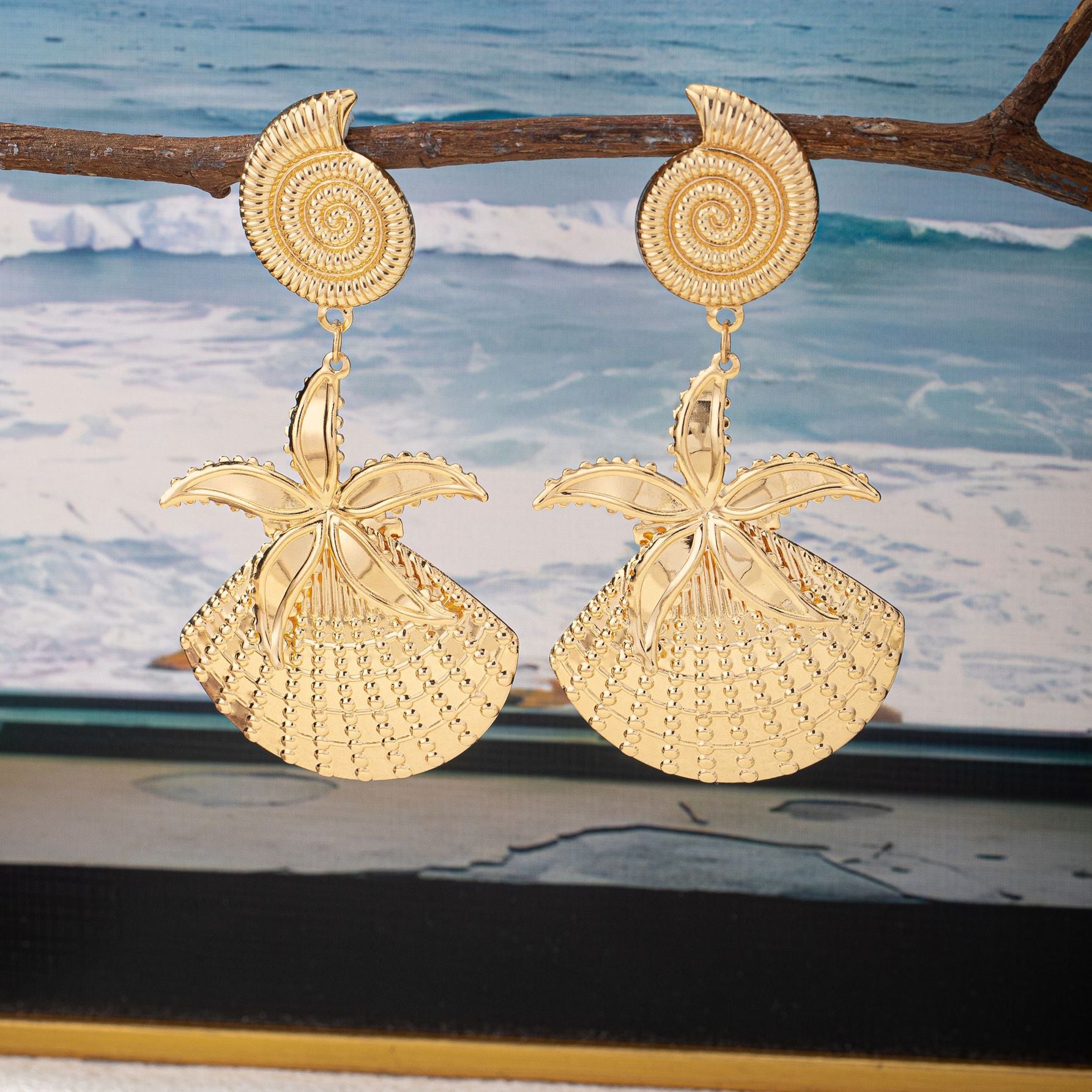 Wholesale Fashion Starfish Shell Snail Earrings For Women Gold Tone Alloy Party Vacation Jewelry