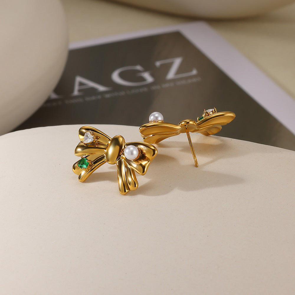 Wholesale Stainless steel man-made pearl bow heart earrings