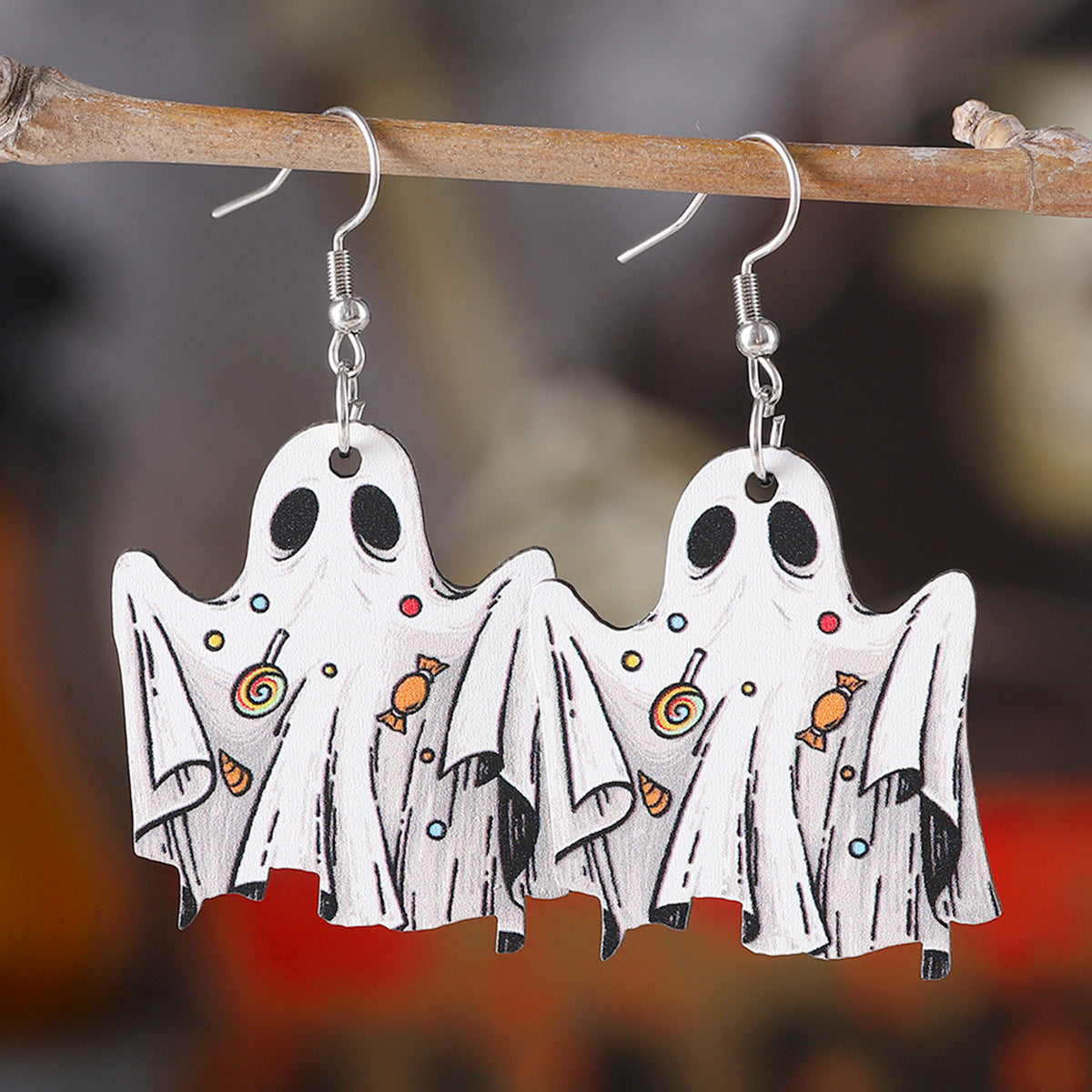 Wholesale Halloween Ghost Face Pumpkin Candy Pendant Goth Theme Wood Earrings ACC-ES-ChuLian033