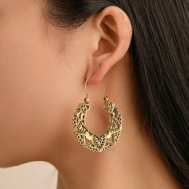 Wholesale Vintage Bohemian Geometric Hollow Out Gold Tone Alloy Earrings Jewelry Accessory For Boutique Resale