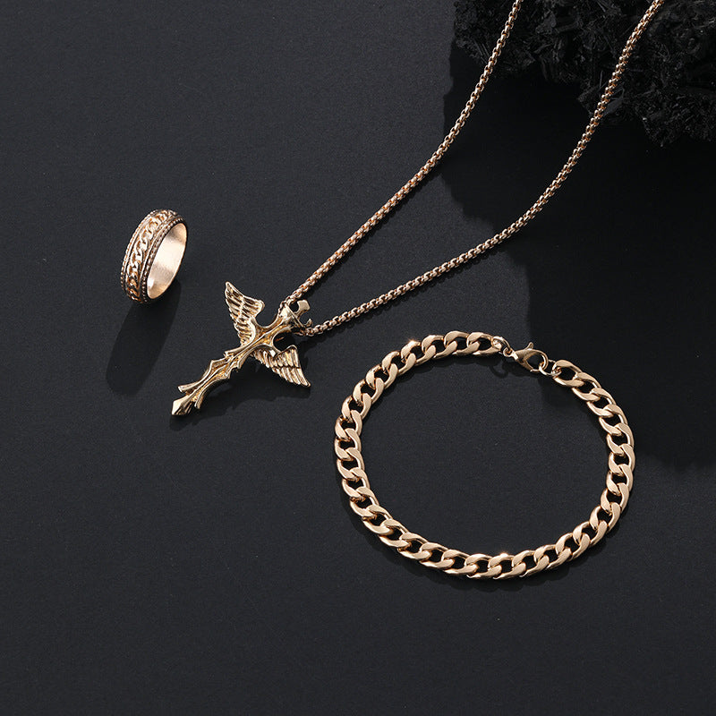 Wholesale Stylish Black Cross Crown Roman Numeral 3 Piece Jewelry Set Necklace Bracelet Ring Fashion Accessory Gift