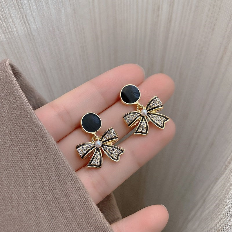 Wholesale Silver Needle Black Bow Rhinestone Earrings