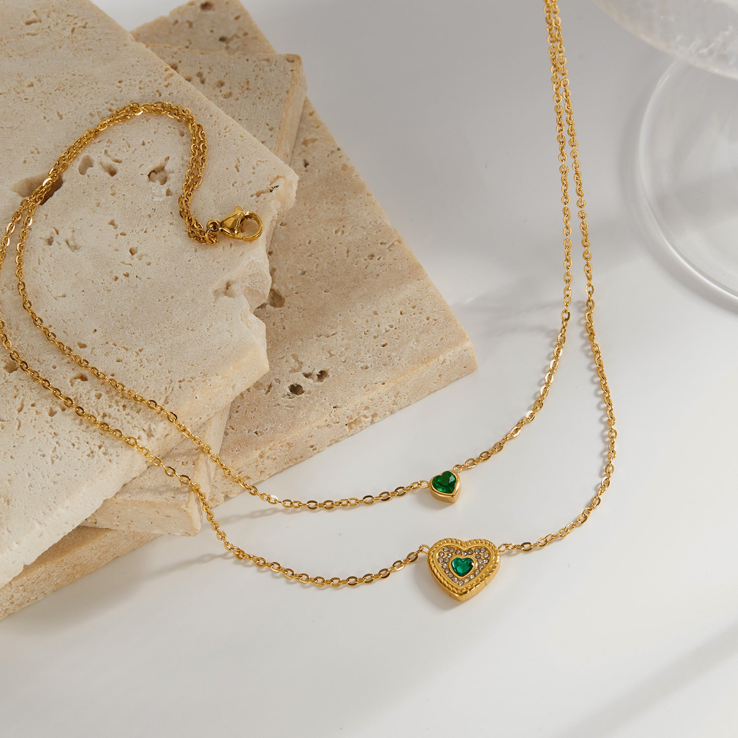 Wholesale Retro Emerald Love Pendant Stainless Steel Double Layer Stacked Necklace