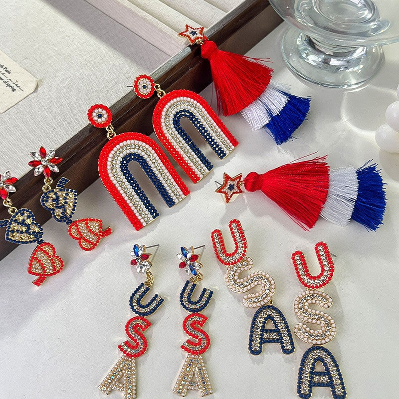 Wholesale  US Independence Day Creative Metallic Set with Rice Bead Earrings