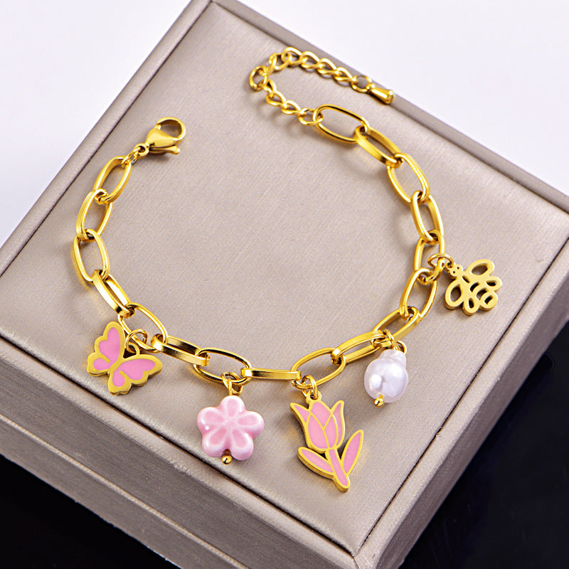 Wholesale Titanium Steel Pink Drop Tulip Sweater Necklace Multi-element Butterfly Bee Bracelet