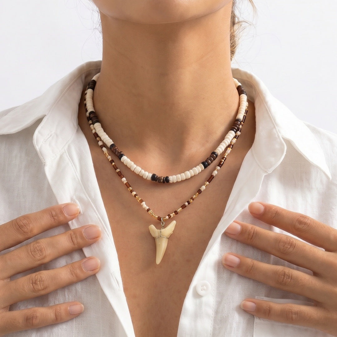 Wholesale Retro Contrasting Bead Double Layer Choker Necklace With Shark Tooth Pendant Vacation Style Women S Fashion Accessory
