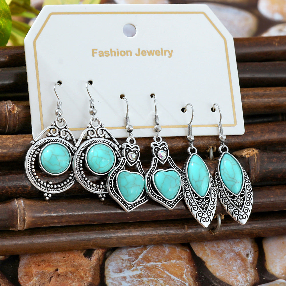 Wholesale European and American Cross-Border Hot Selling New Turquoise Earrings Set Fashion Ethnic Holiday Style Earrings Earrings Manufacturer