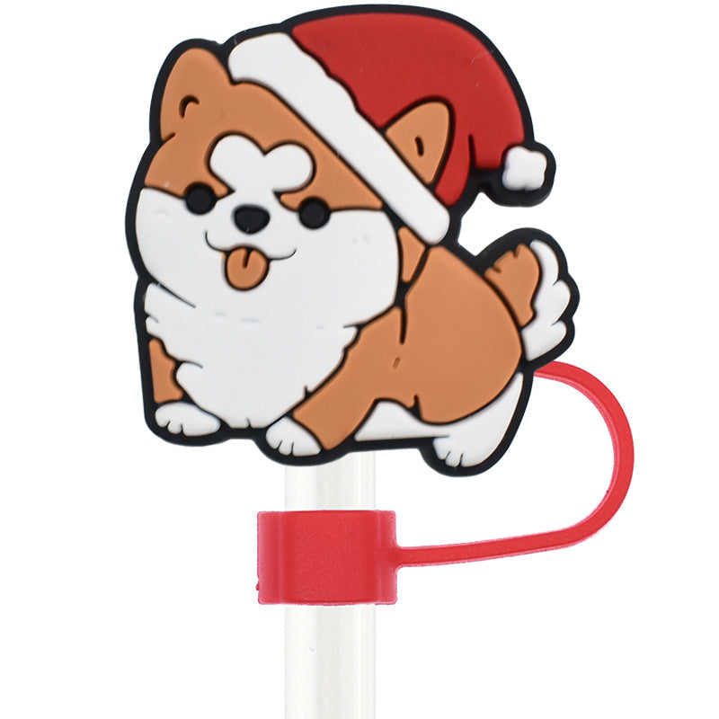 Wholesale Random 100pcs Christmas Cartoon Puppy 10mm PVC Soft Straw Tube Cap ACC-SCR-RYY094