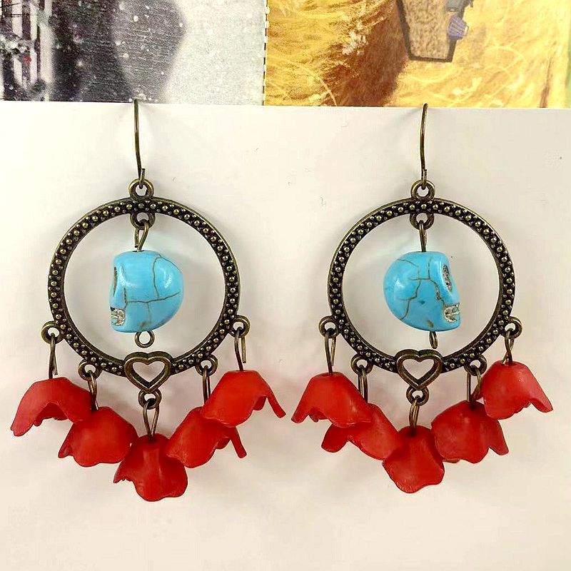 Wholesale  Hollow Metal Circle Peach Heart Blue Turquoise Skull Red Rose Flower Earrings