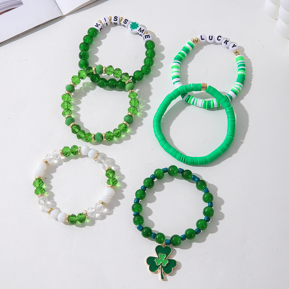 Wholesale St. Patrick's Day Green Crystal Four Leaf Clover Bracelet Set