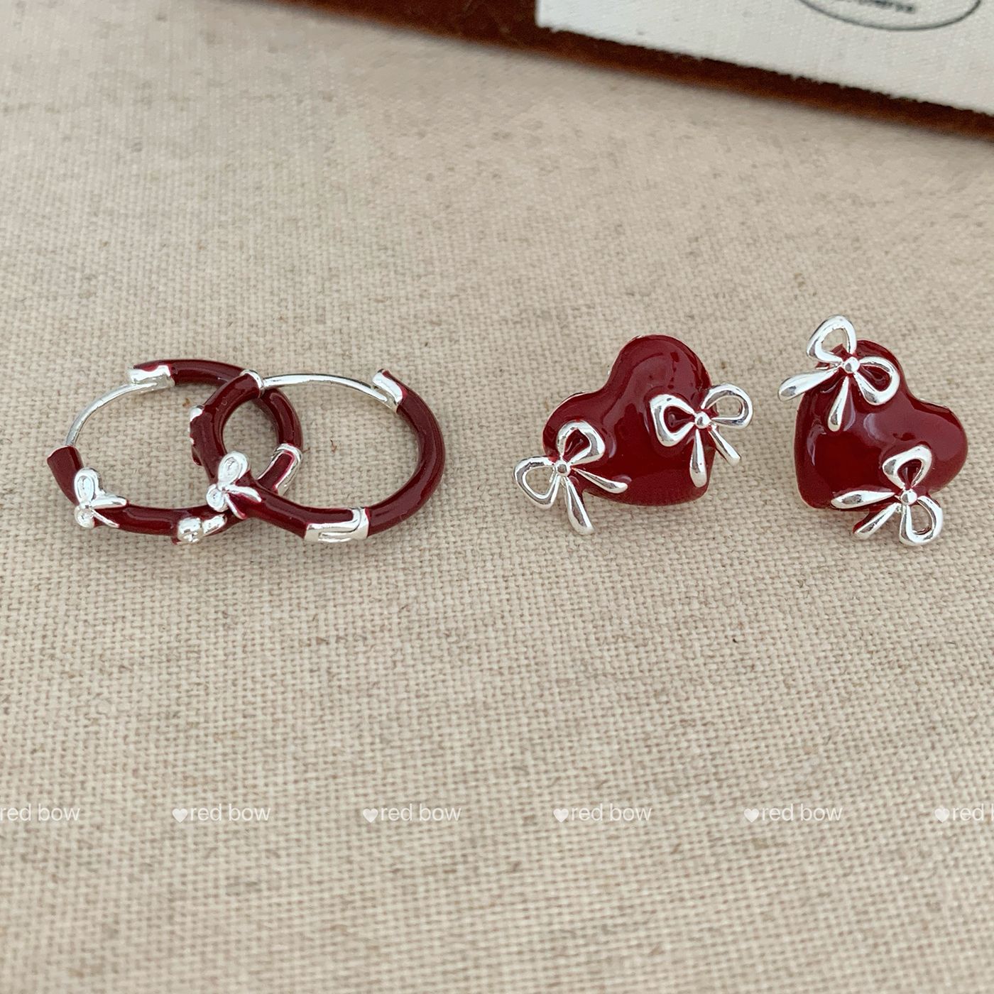 Wholesale retro Ankara red heart bow earrings  silver needle exquisite sweet high-end earrings