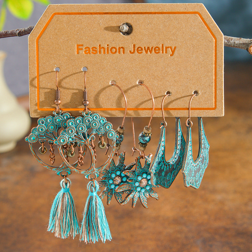 Wholesale Retro Ethnic Style Earrings Three-Piece Set Cross-Border Handmade Woven Tassel Earrings Exotic Style Alloy Earrings
