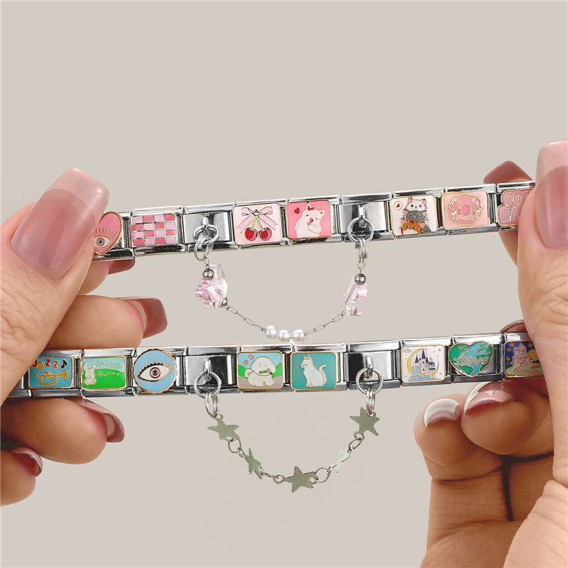 Wholesale Hearts and Love Italian Charms DIY square double-pendant Creative Stainless Steel Composable Bracelet