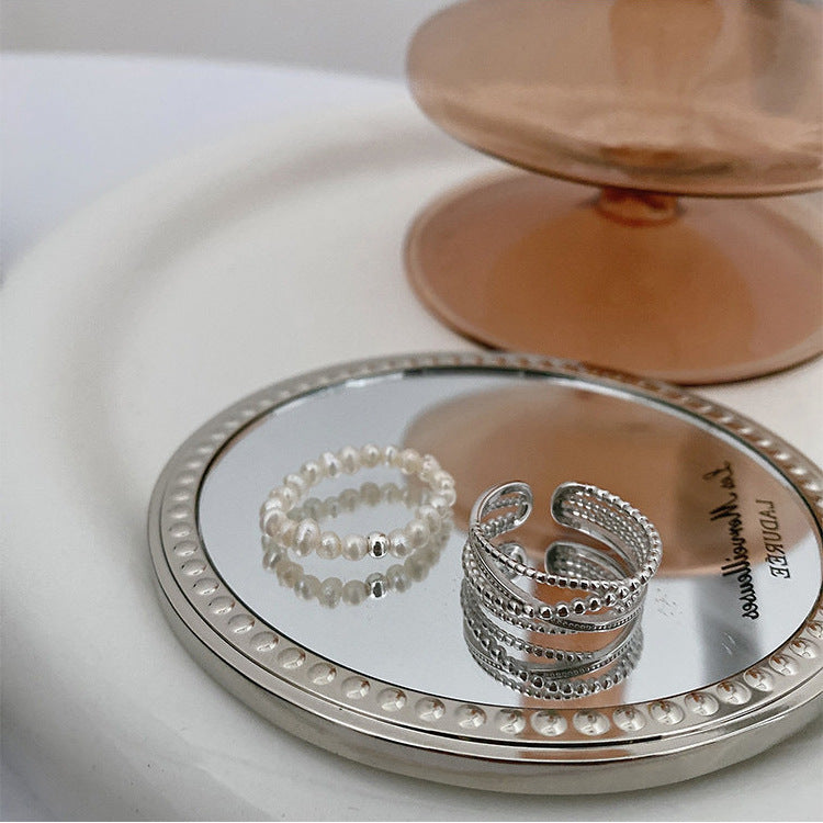 Wholesale  Freshwater Pearl Metal Staggered Opening Ring All-match Elegant Ring Cold Style