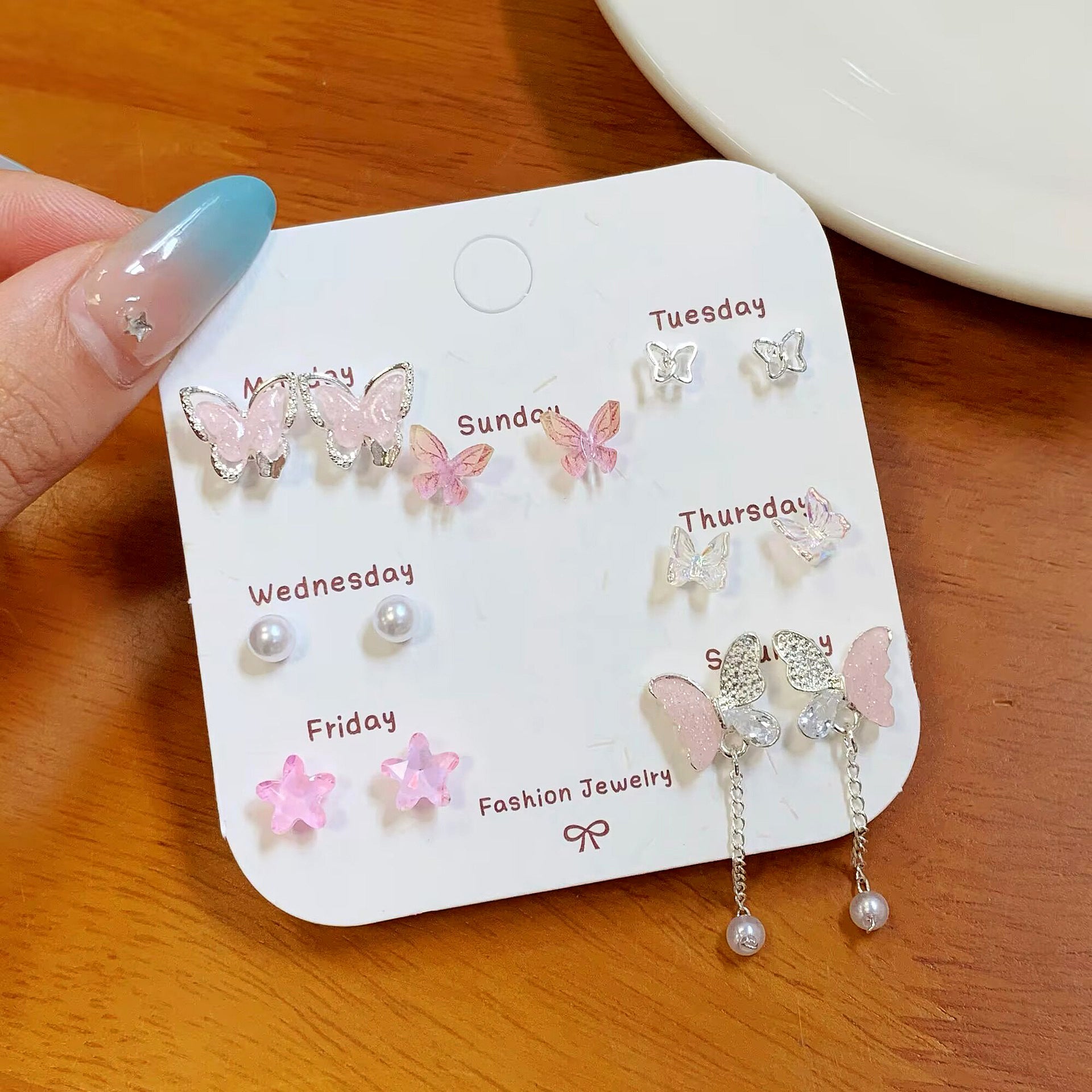 Wholesale Autumn Colorful Butterfly Flower Pearl Earring Set Silver Needle Small Sweet Earrings