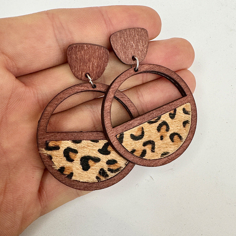 Wholesale  Western genuine leather earrings geometric stitching hollow inlaid leopard print earrings