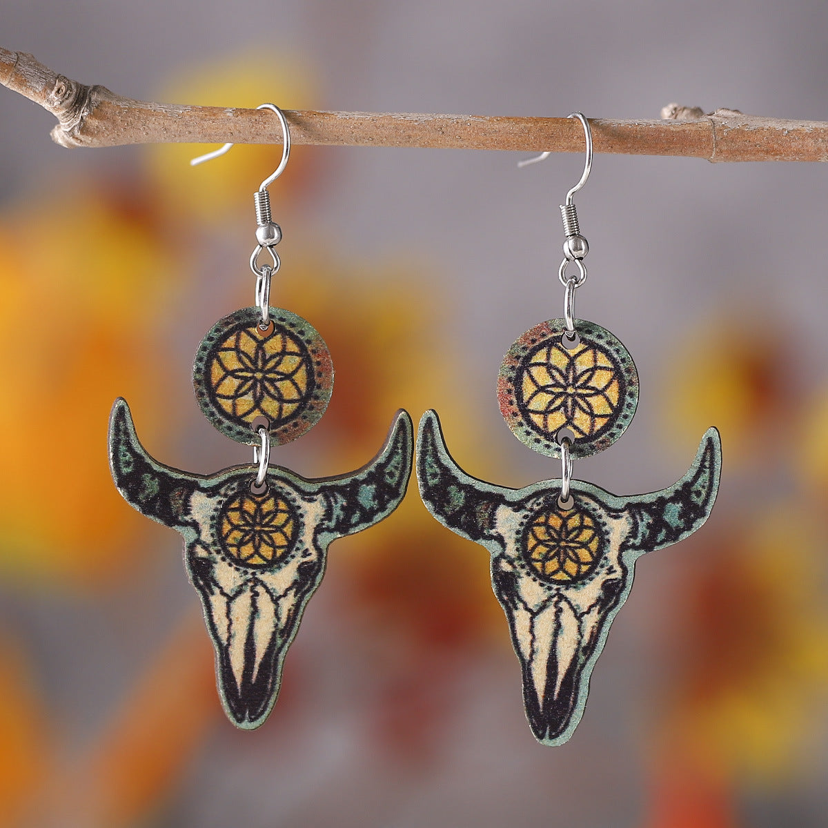 Wholesale Western Ethnic Aztec Geometric Pattern Cow Head Pendant  Double-sided Earrings