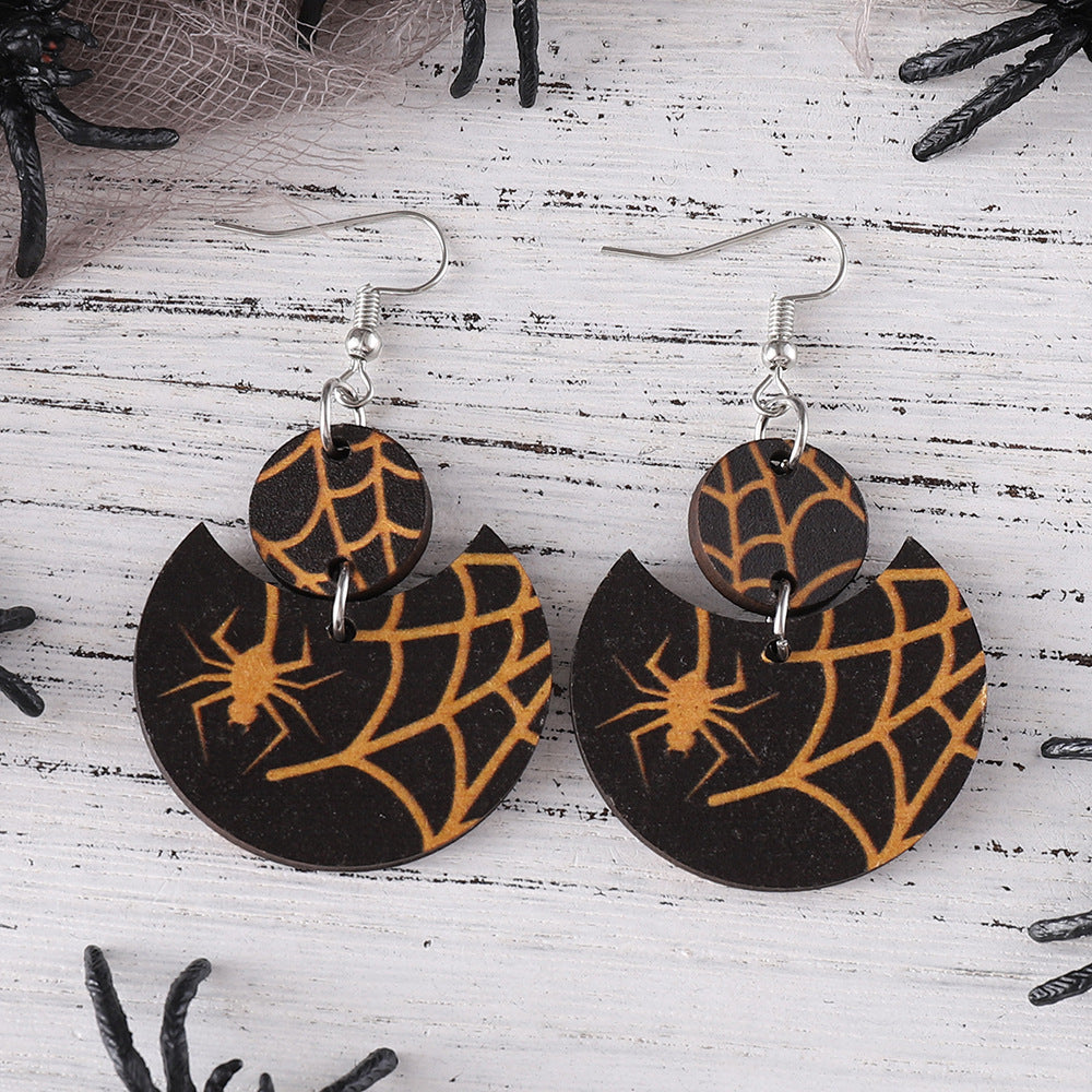 Wholesale  Gothic Pumpkin Color Wooden Double-sided Crescent Pendant Earrings