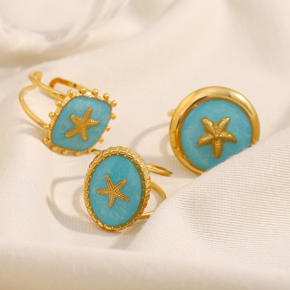 Wholesale 18K Gold Plated Stainless Steel Starfish Oval Ring Fashion Jewelry Gift Boutique Resale