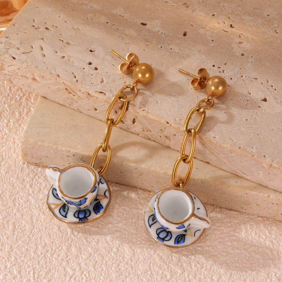 Wholesale Cup and Plate Shaped Ceramic Blue and White Porcelain Earrings