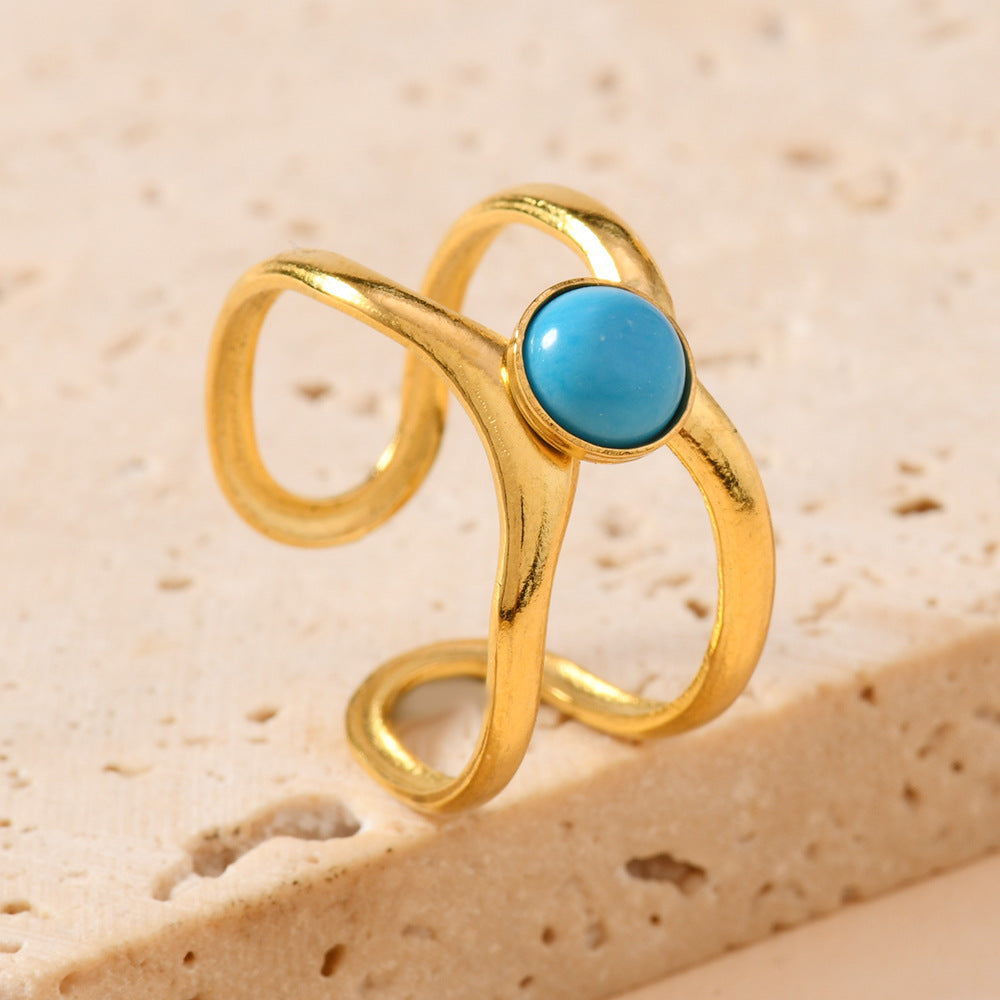 Wholesale Vintage Bohemian Open Stainless Steel Ring with Turquoise Inlay Jewelry Accessory