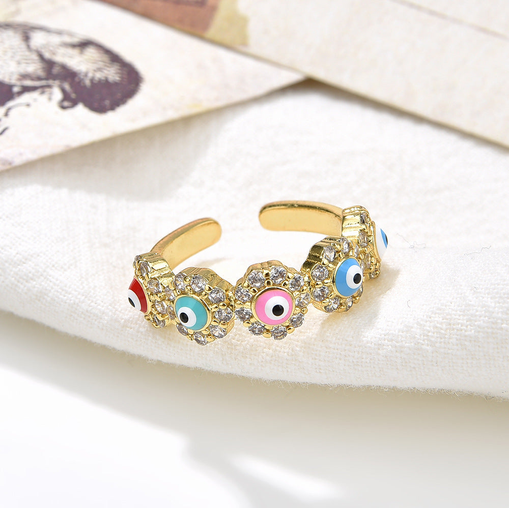 Wholesale 18K gold-plated zircon oil-drop colored devil' s eye open ring