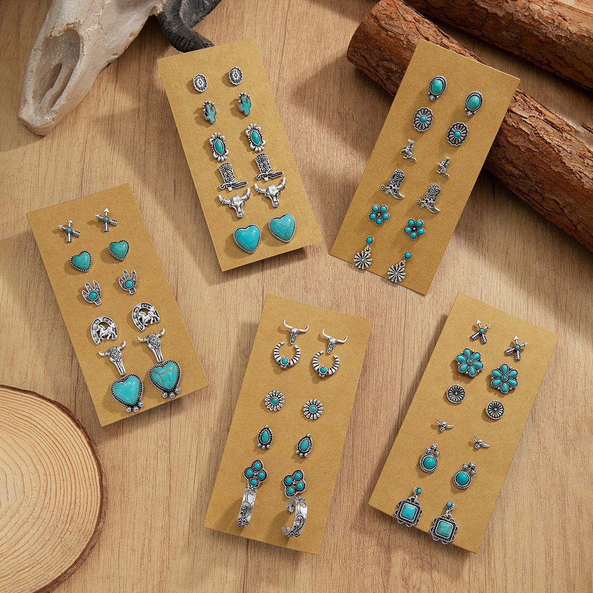 Wholesale Western-style turquoise heart earrings 6-piece set