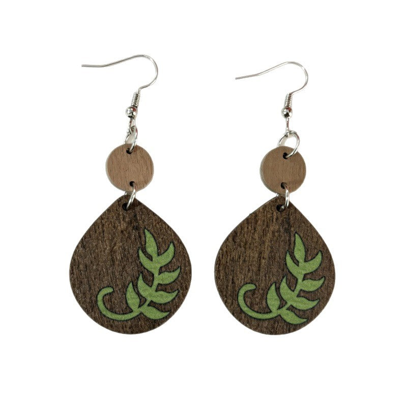 Wholesale Vintage Wooden Leaf Print Drop Earrings For Women Fashion Jewelry Accessory