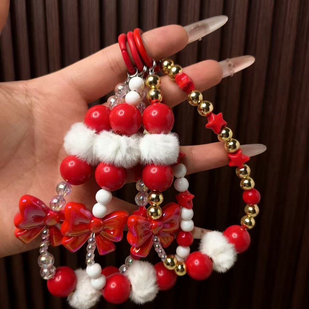 Wholesale Acrylic Christmas Red Bow Beaded Keychain,  Cute Bag Charm with Tassel,  Trendy Phone Accessory for Everyday Use