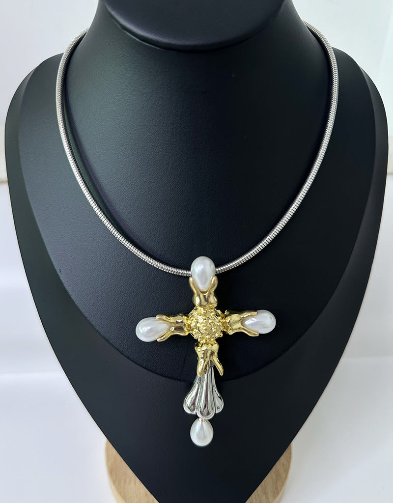 Wholesale Exaggerated Three-dimensional Nose Cross Pearl Pendant Collar Necklaces  Accessories