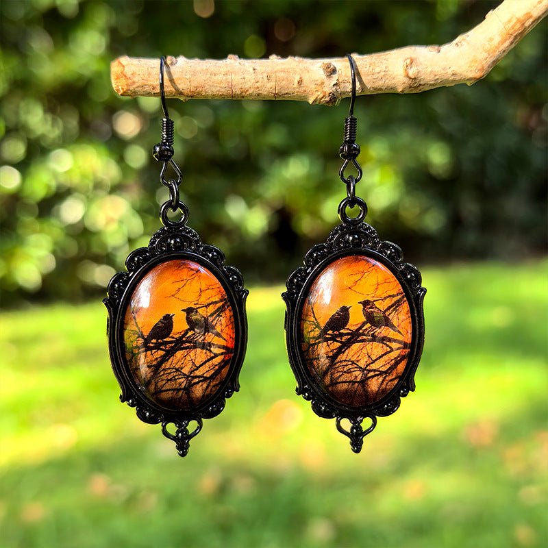 Wholesale Halloween Black Crow Time Gemstone Pendant Earrings