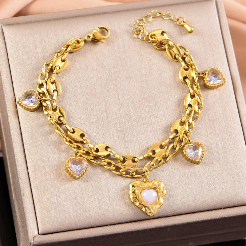 Wholesale Titanium Steel Bracelet Bow Star Moon Love Diamond Double Layer Bracelet