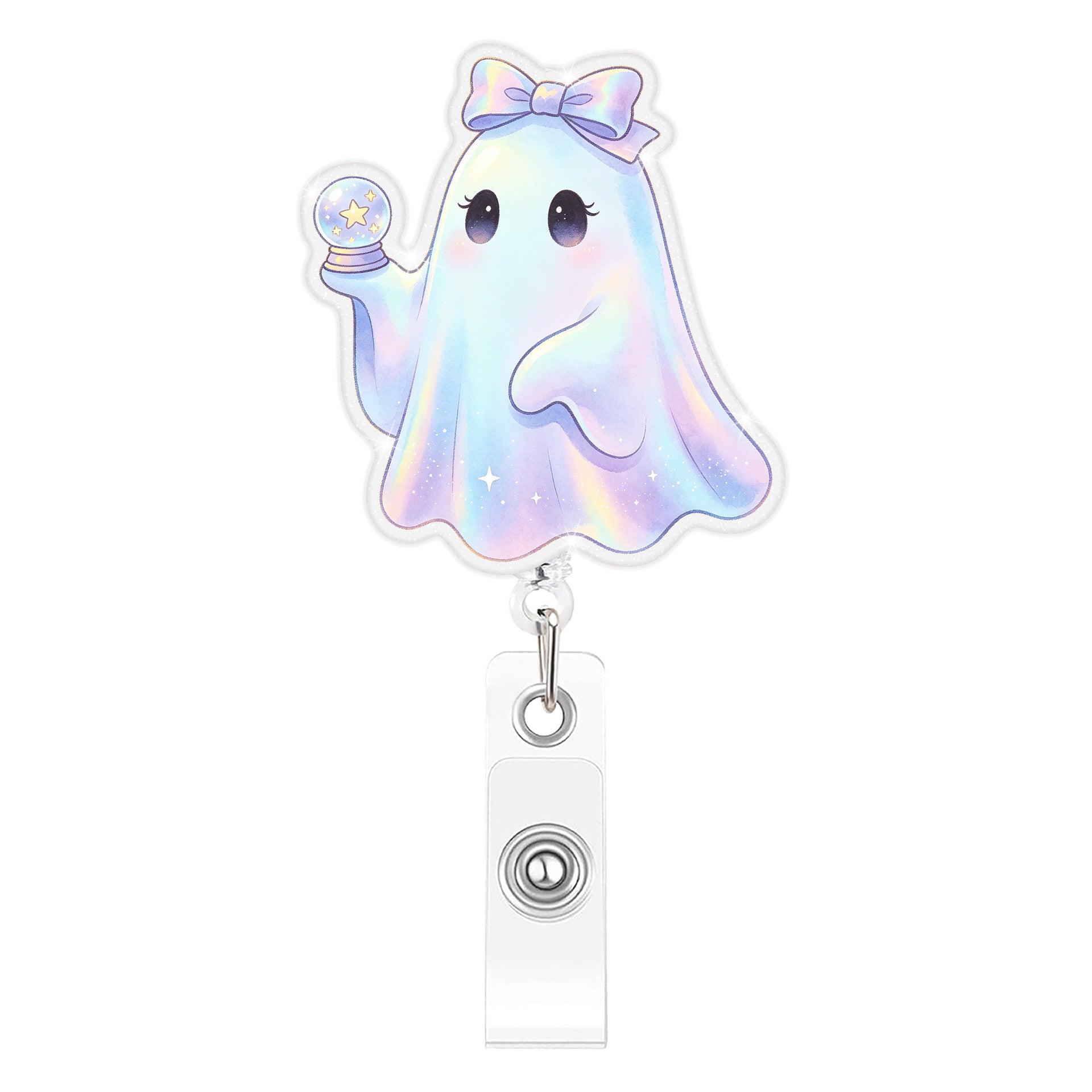 Wholesale Trendy Glitter Boo Ghost Retractable Badge Reel Plastic Car Key Accessory With Gradient Finish Decorative Party Gift