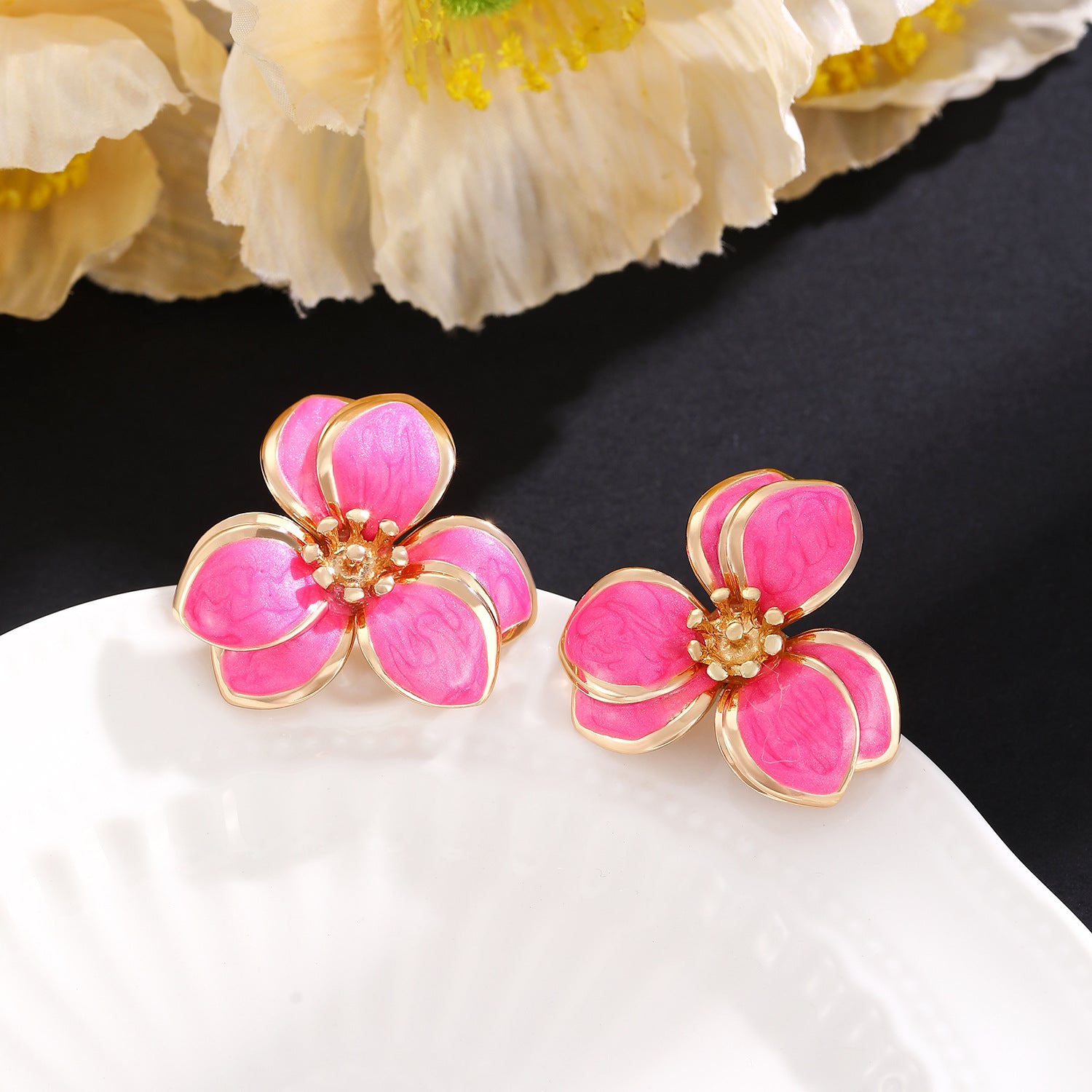 Wholesale Stylish Flower Earrings For Women Double Layer Petal Colorful Dripping Oil Zinc Alloy Everyday Jewelry Accessory